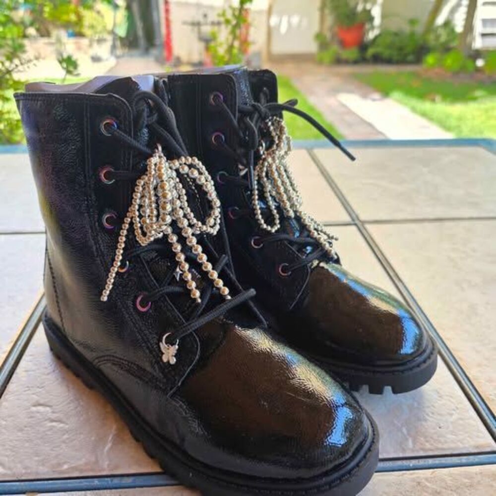GAP Black Patent Leather Combat Boots with Beaded Chains US 4